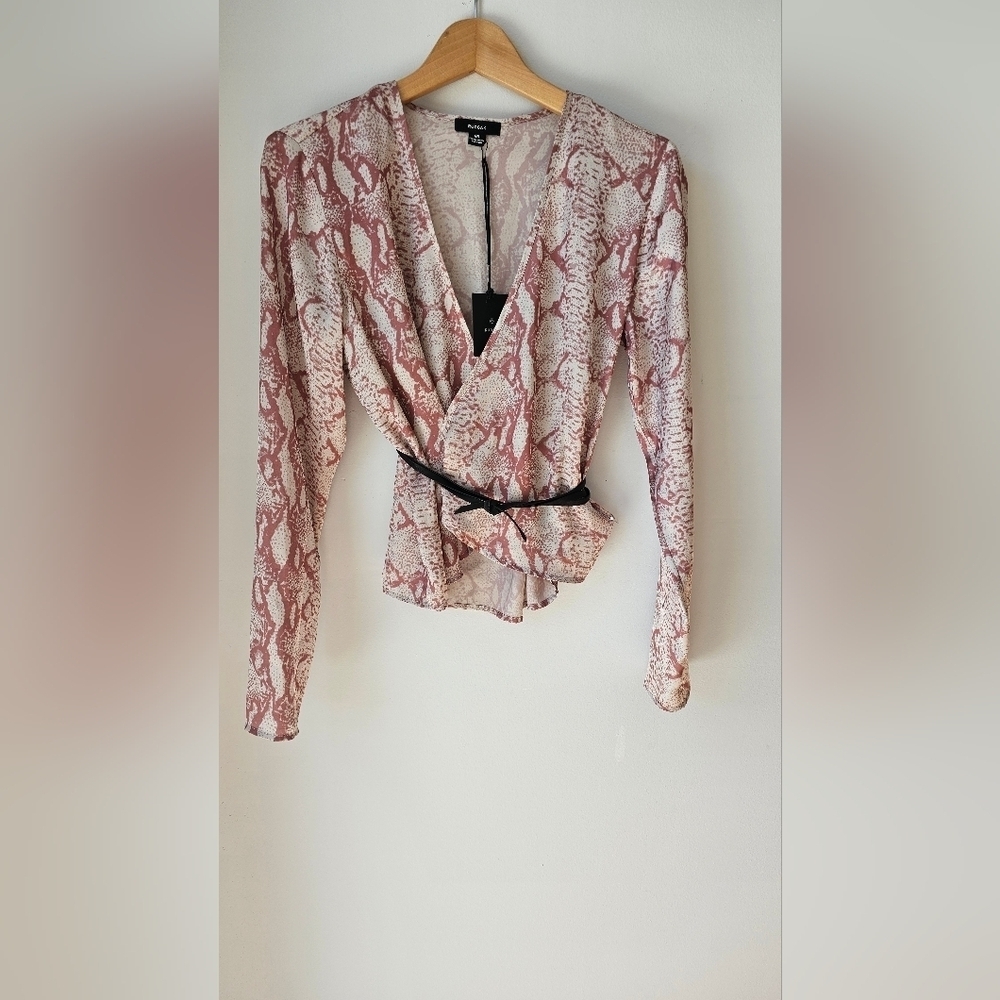 RUDSAK Selena Blouse Animal Print Snake Phyton Terracotta Pearl Wrap Leather L M - Picture 5 of 13